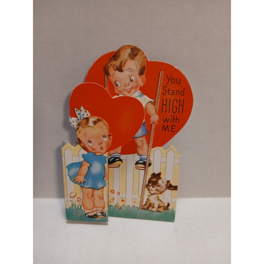 Vintage Valentine Die Cut Card Sweet Boy Girl Sitting On Fence 1930s